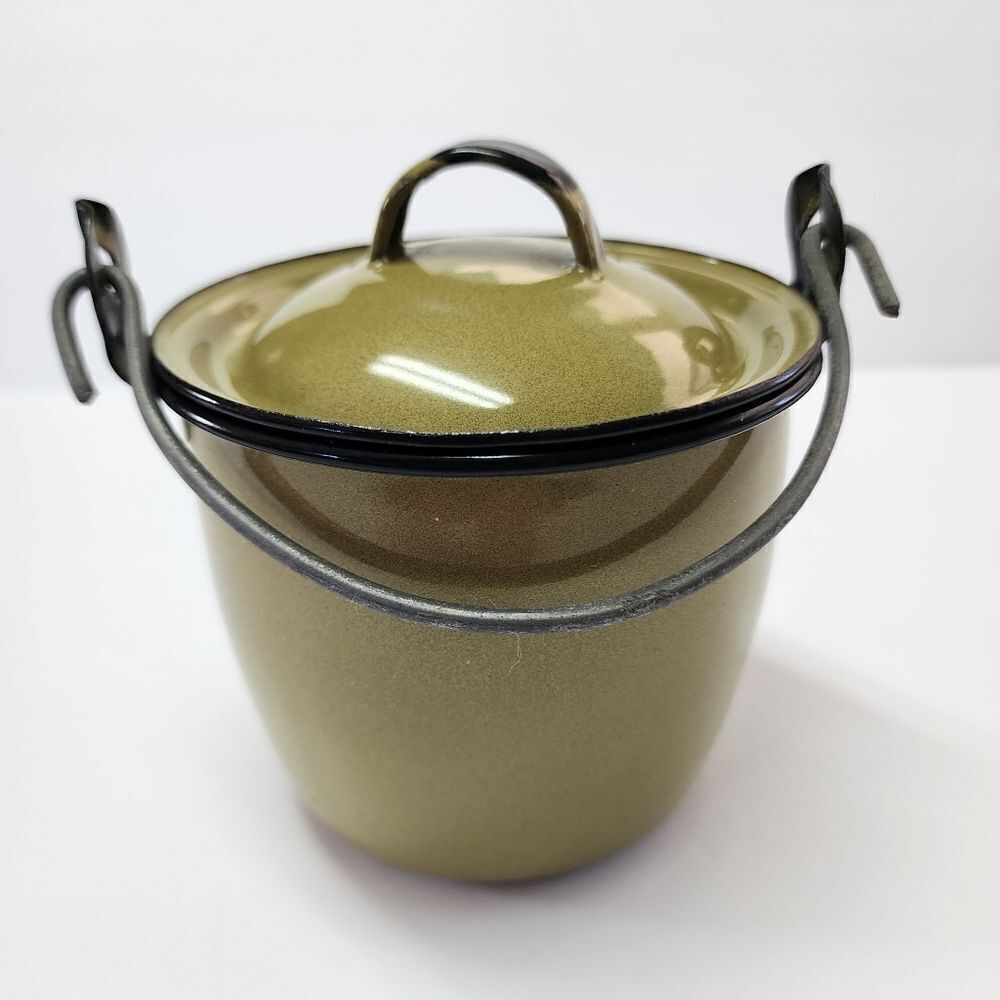 Vintage Green Enameled Metal Pot with Lid and Handle